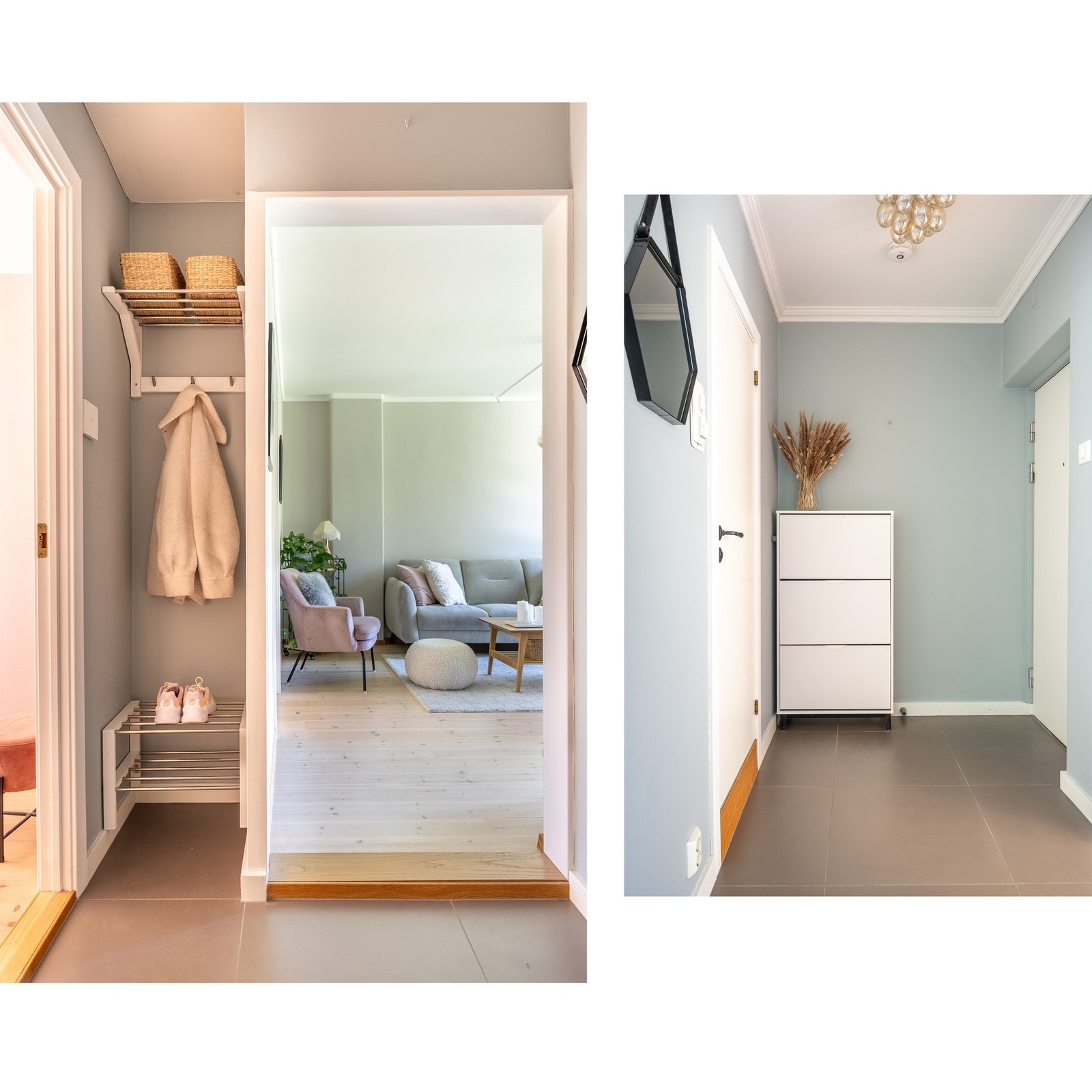 Romslig entré med plass for klesoppheng og oppbevaring av sko. Galleribilde