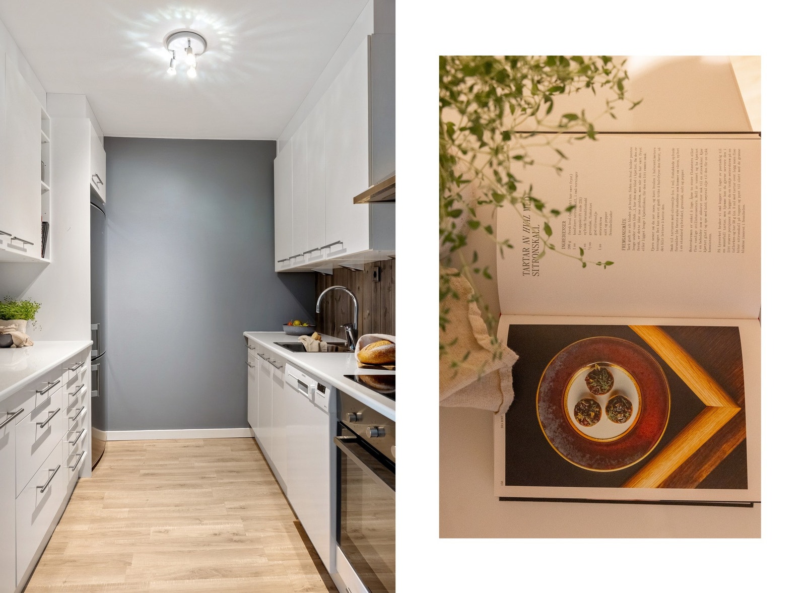 Det er slette fronter og laminerte benkeplater. Galleribilde