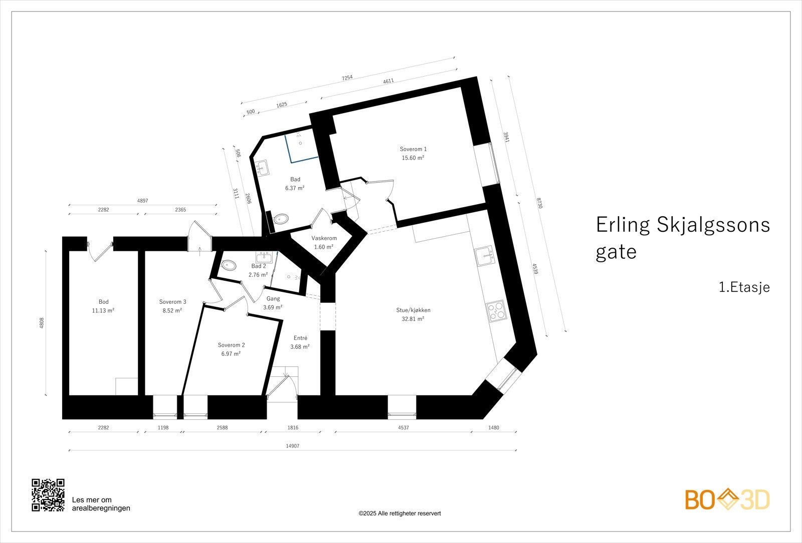 Leiligheten har egen inngang utenfra og består av entré, stue med åpen kjøkkenløsning, 3 soverom og 2 bad (hvorav ett har egen nisje til vaskerom), mellomgang. Galleribilde