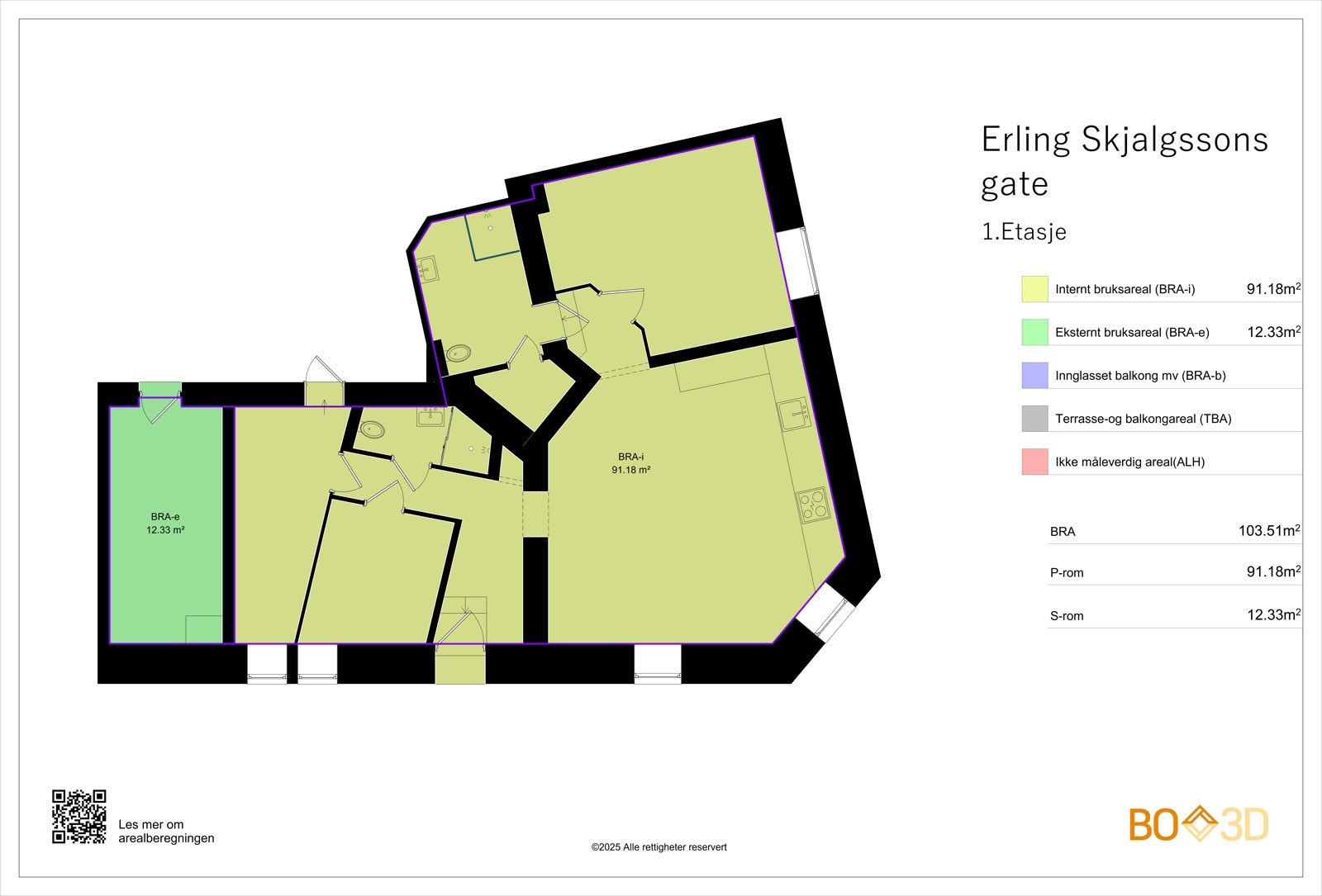 Leilighetens areal er 92 kvm og boden som ligger vegg-i-vegg med boligen har areal på 12 kvm. Det er strømuttak i boden. Galleribilde