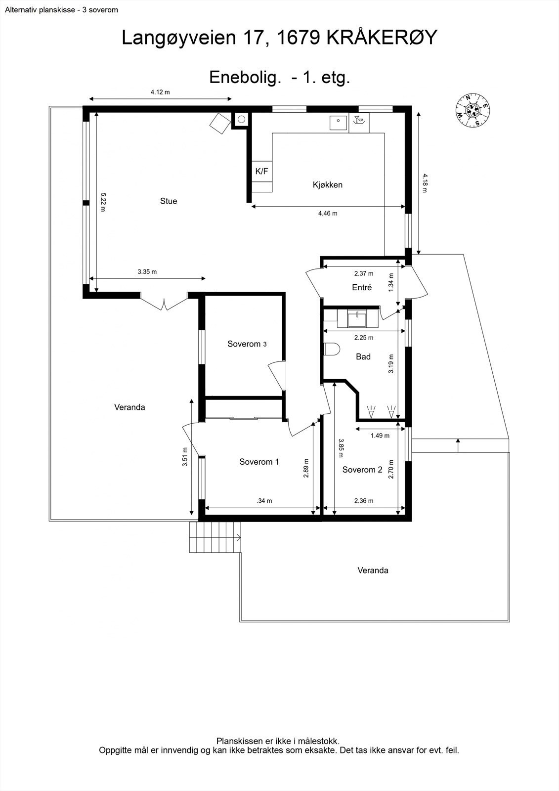 Alternativ planskisse med 3 soverom i første etasje. Galleribilde
