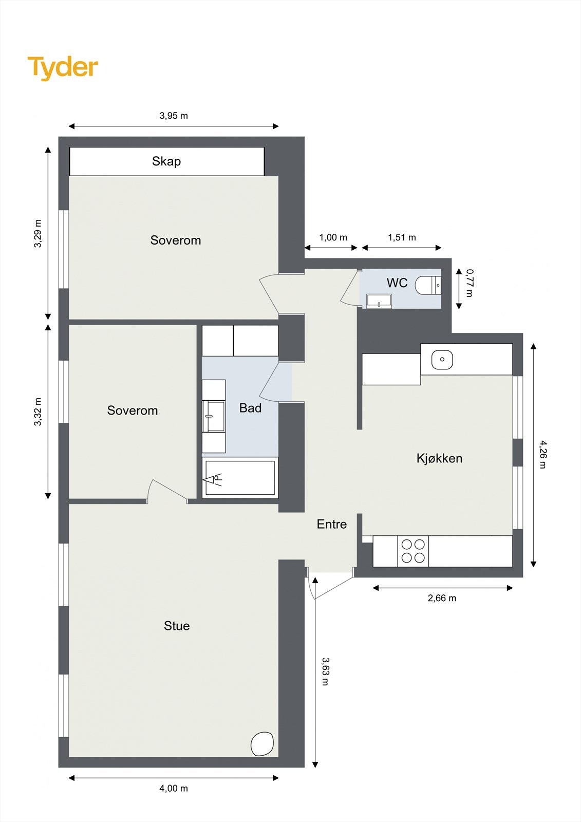 Oppmålt plantegning for leiligheten. Galleribilde
