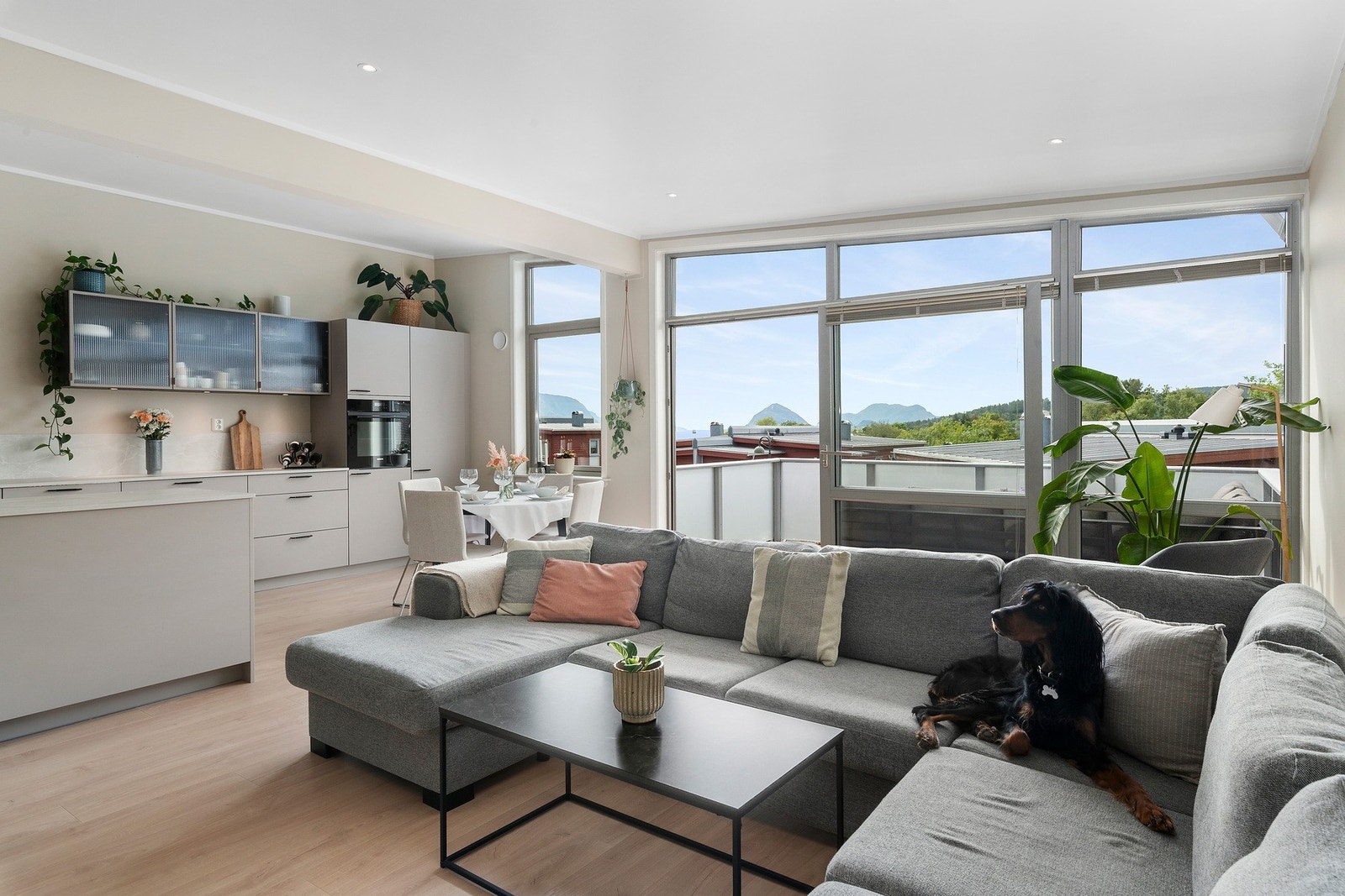 Åpen løsning i stue/kjøkken og med god plass til sofa og spiseplass. Utsikt både mot Sulafjellet, Sukkertoppen og Godøyfjellet. Galleribilde