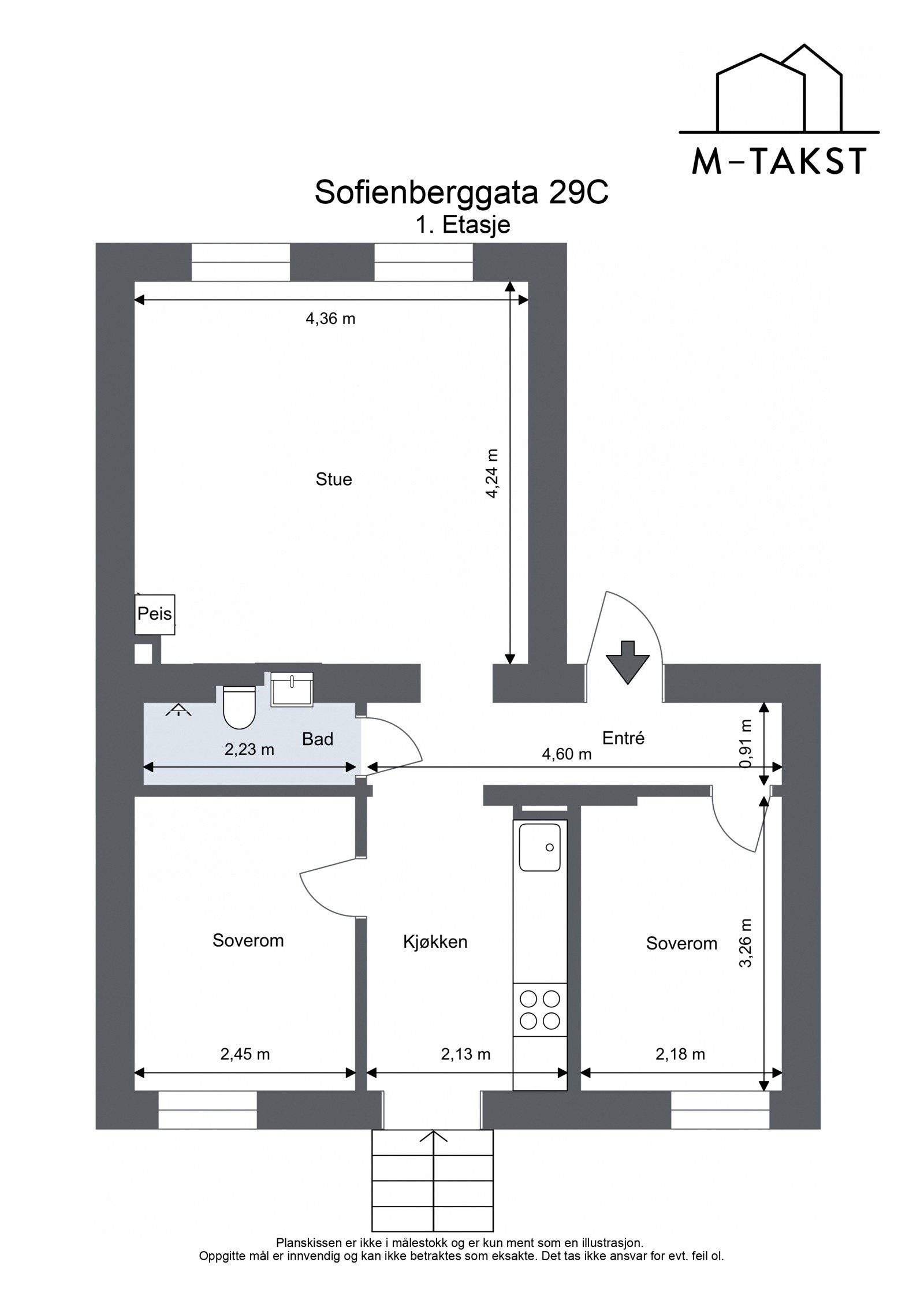 Gjennomgående planløsning - Sofienberggata 29C - 1. Etasje - Leiligheten disponerer i tillegg en kjellerbod med et gulvareal på ca. 13 kvm med opplegg for vaskemaskin og tørketrommel Galleribilde