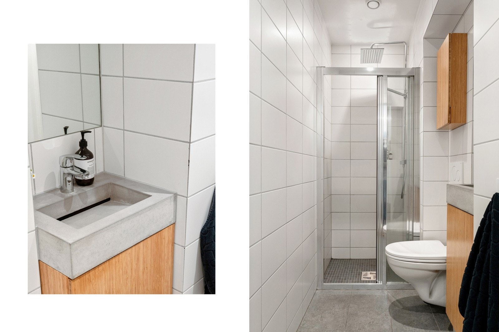 Veggmontert servantskap med bambus front, betongvask og ett-greps armatur i krom. Dusjnisje med skyvedør, og termostatstyrt dusjbatteri i krom med både hånd- og regnfallsdusj. Galleribilde