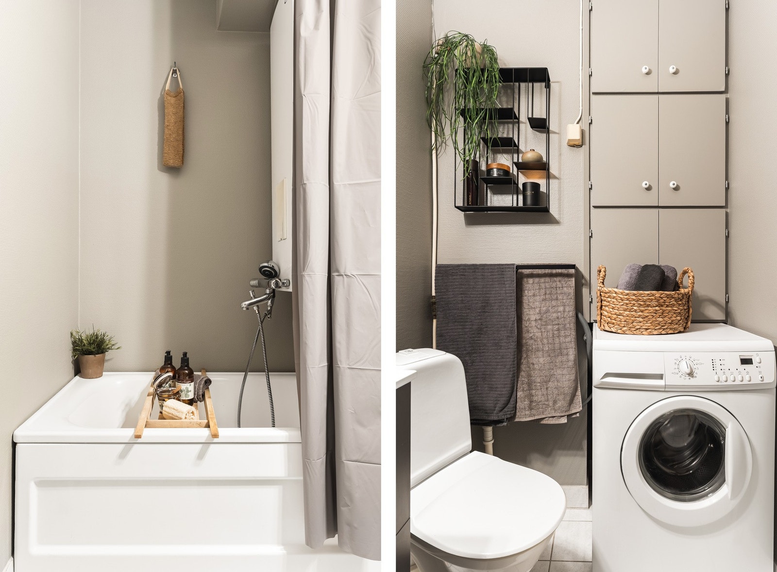 Badet er innredet med badekar, servant med underskap og toalett. Praktisk og effektiv bruk av plassen gjør rommet funksjonelt i hverdagen. Galleribilde