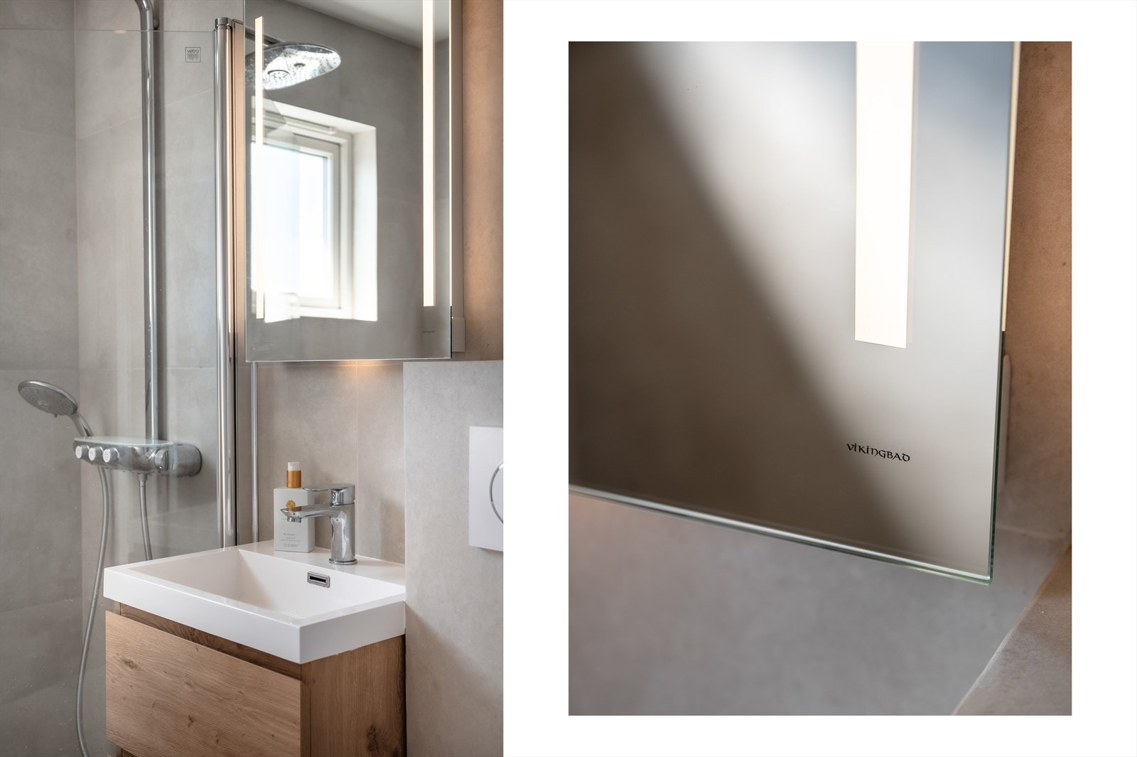 Innredningen består av dusj med svingbar glassdør, vegghengt toalett, servant med skuffer og overspeil samt mekanisk avtrekk i yttervegg Galleribilde