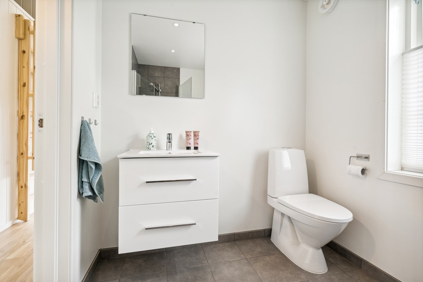 Innredning består av servant på innredning med skuffer, overhengende speil, nedfelt dusjhjørne med dører i glass og gulvstående wc. Galleribilde
