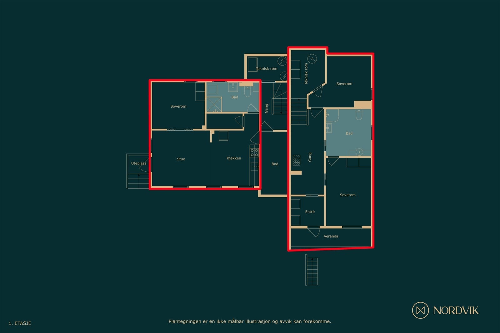 Underetasjen - Hybel mot syd og leilighet mot nord er merket med rødt. Del som ikke er markert tilhører boligens hoveddel Galleribilde