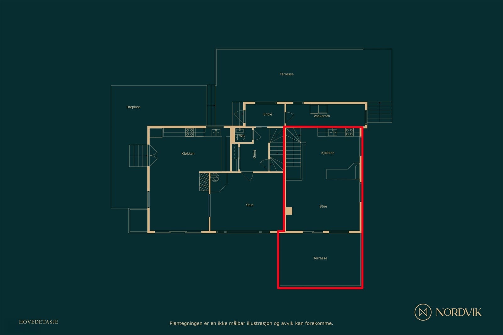 Hovedetasje - genereasjonsdel/leilighet er merket med rødt - øvrige rom tilhører boligens hoveddel Galleribilde