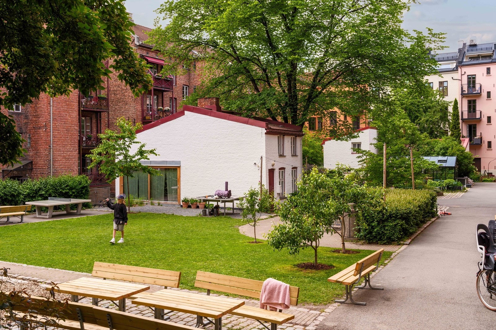 Tøyens fineste bakgård med bl.a. flere sittegrupper, felles grill, drivhus m.m. Galleribilde