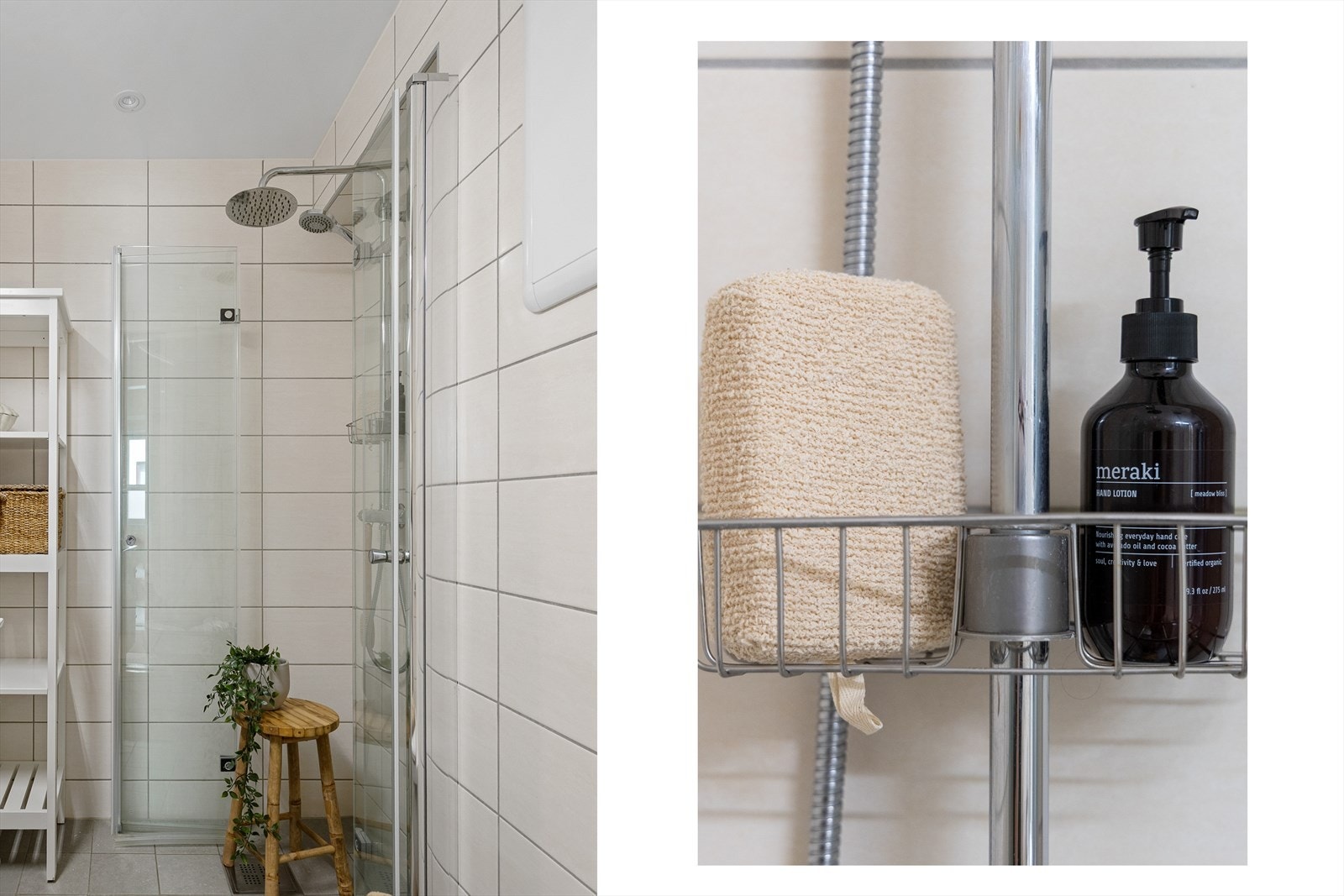 Badet er innredet med servant med underskap, speil med skap, vegghengt WC og dusjhjørne. Galleribilde
