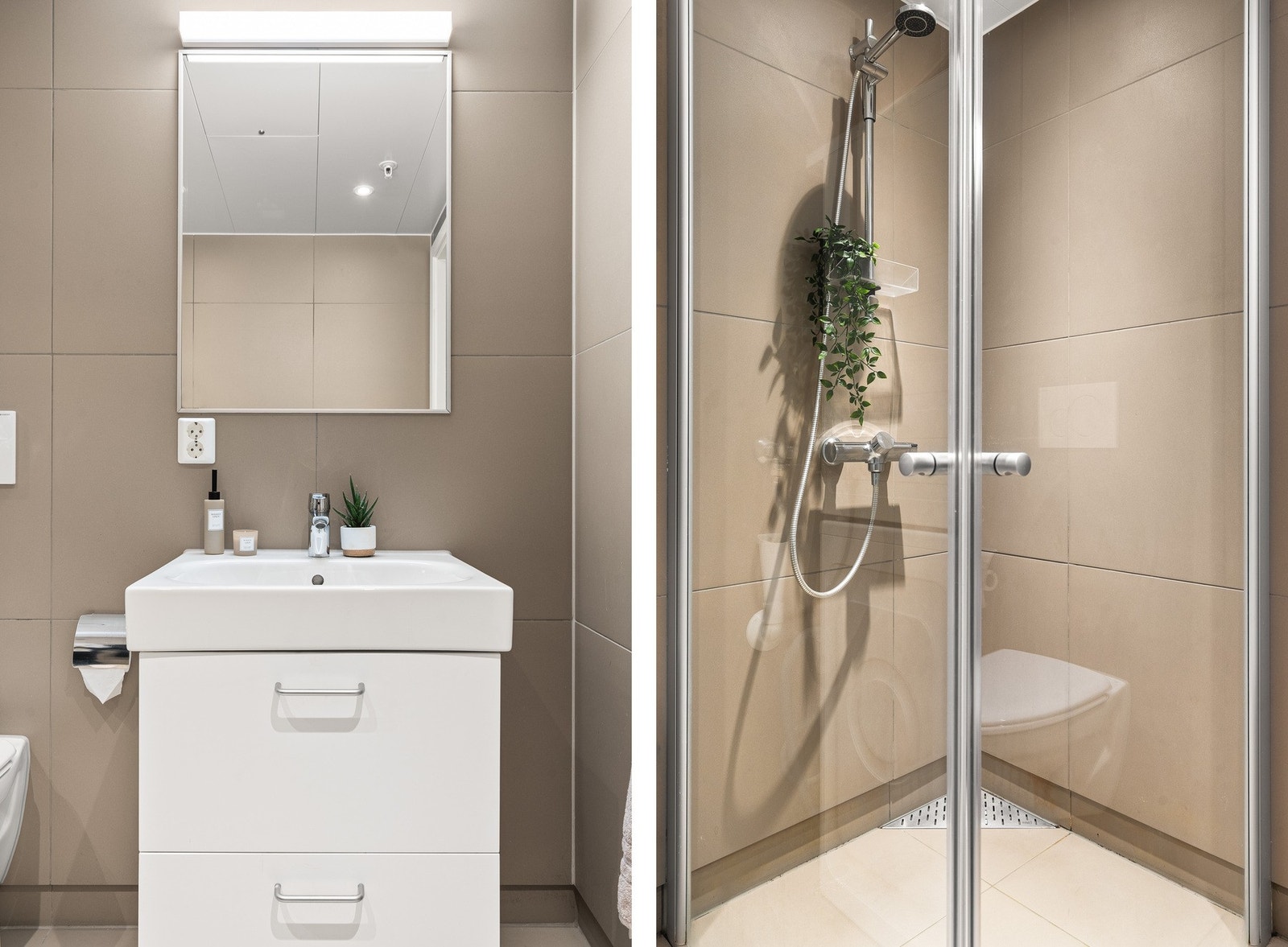 Badet er innredet med baderomsinnredning, vegghengt toalett, dusj med glassvegger og opplegg for vaskemaskin. Galleribilde