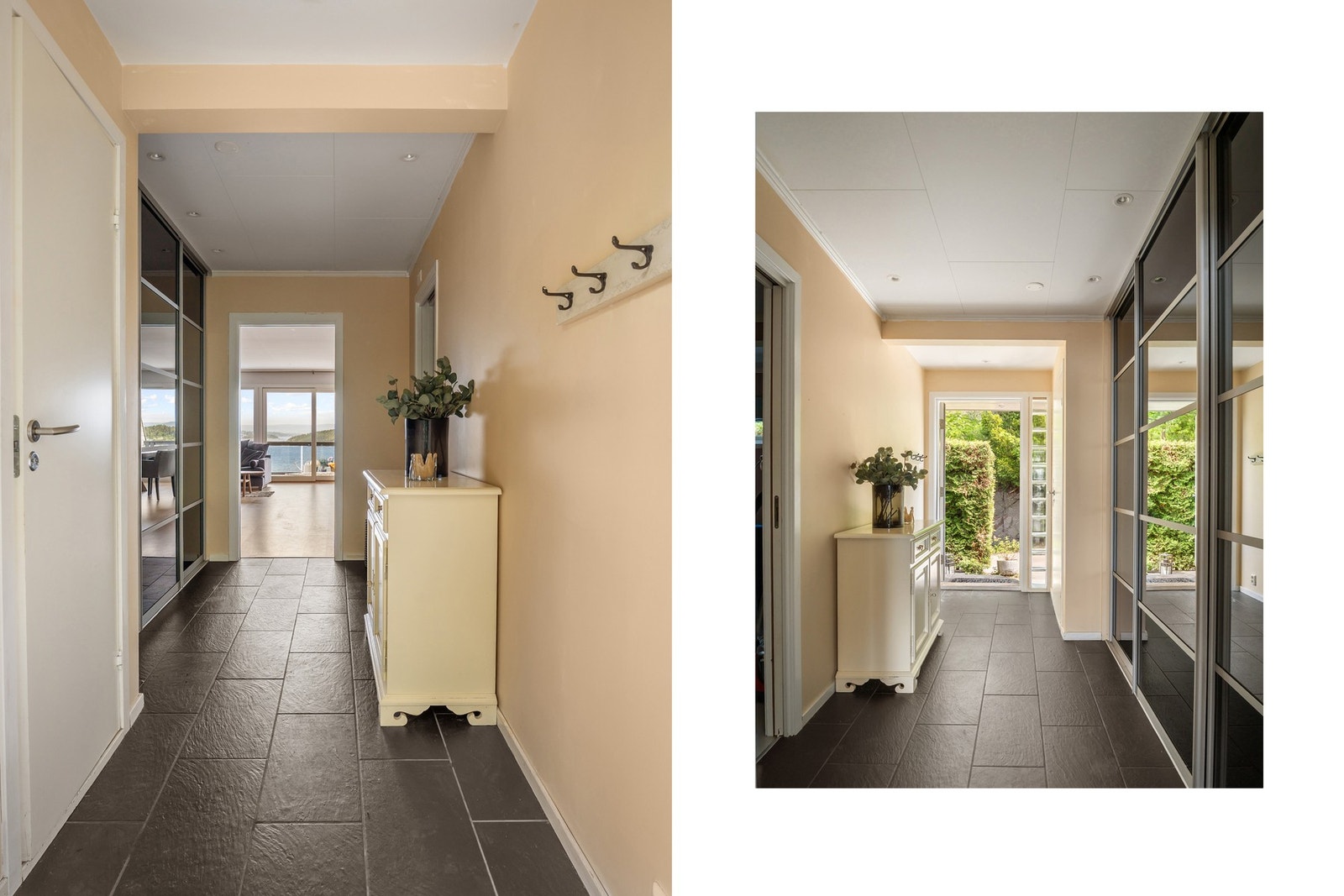 Lys og innbydende entré med fliser, downlights og praktisk skyvedørsgarderobe - gir et elegant førsteinntrykk Galleribilde