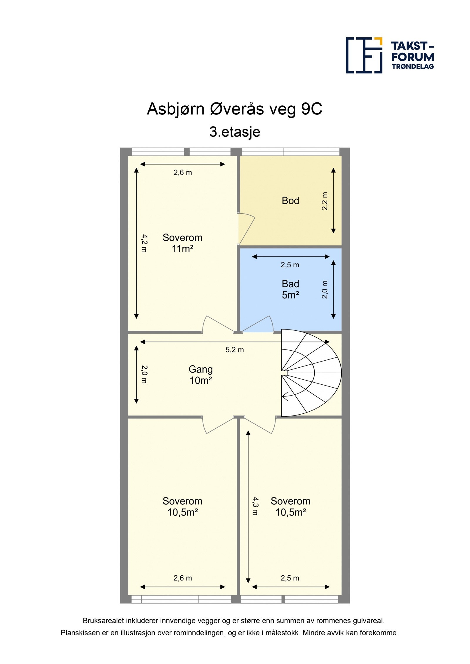 Planskisse fra takstmann med arealer, 3. etasje. Galleribilde