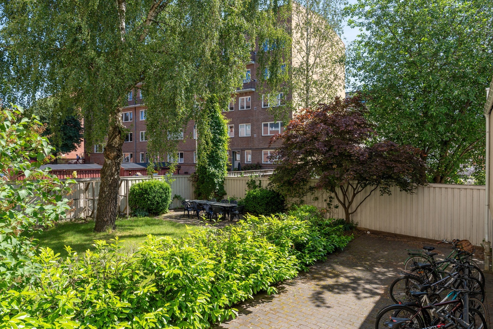 Grønn og frodig bakgård med fellesgrill og sittegrupper. Galleribilde