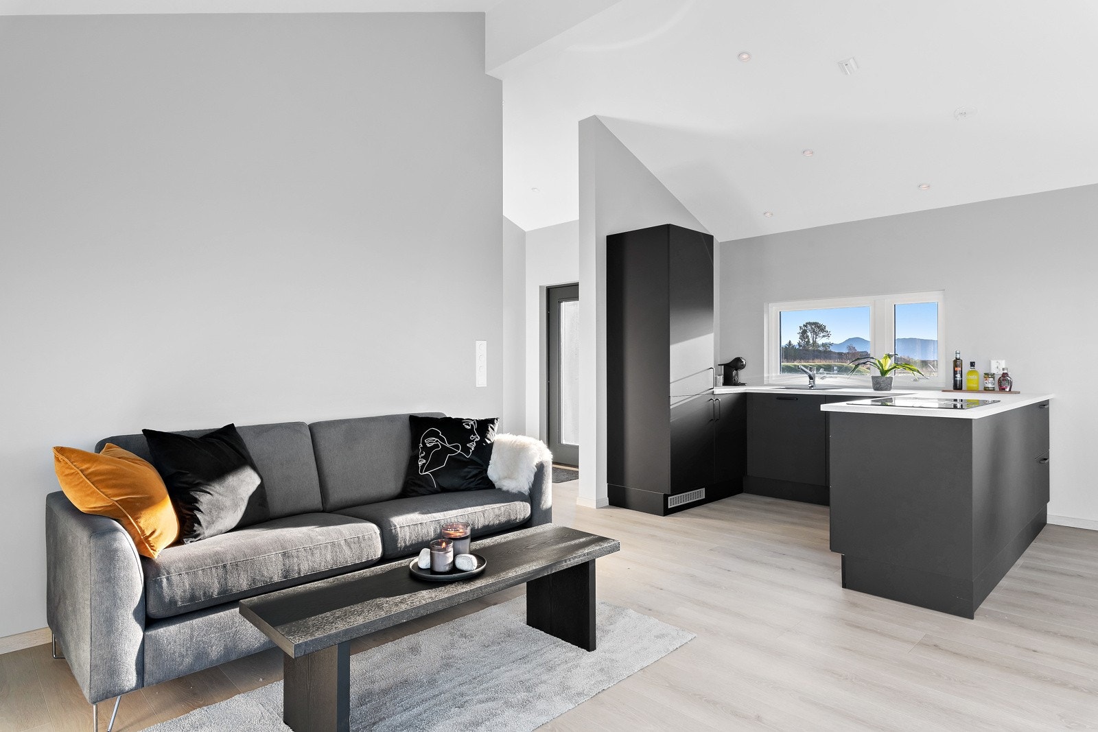 Den gode takhøyden gjør at det føles luftig og lyst i fritidsboligen. Sofa kan medfølge i handel. Galleribilde