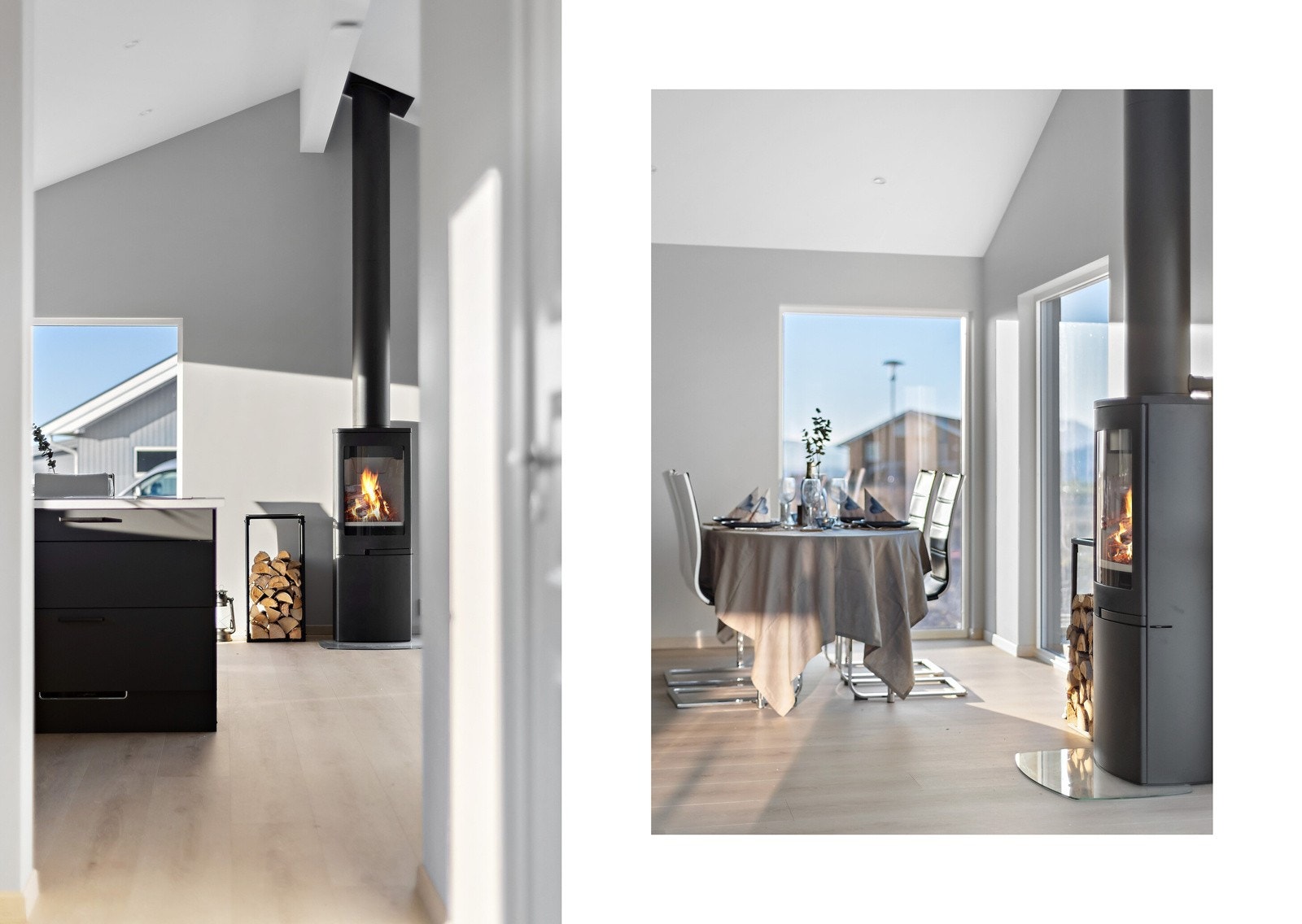 Med ildstedet sentrert på stuen får man blikkfang, stabil varme og en fin deling mellom spisestuen og stuedelen. Galleribilde