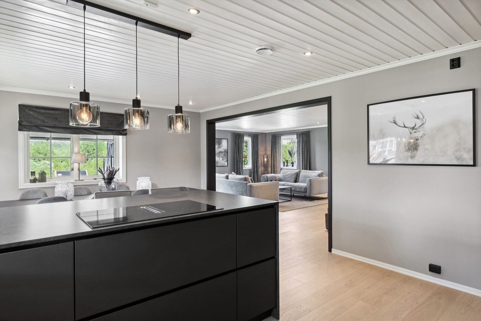 Her er det plass til et stort spisebord og sitteplasser ved kjøkkenøy. Galleribilde