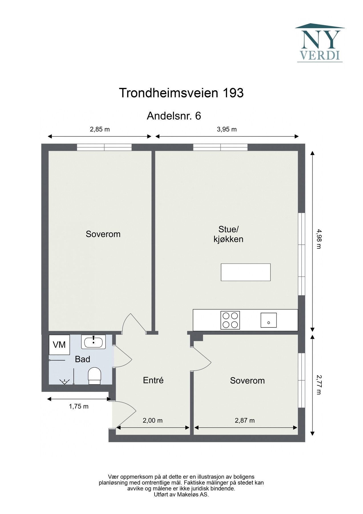 Plantegning. Leiligheten disponerer en bod i kjeller på ca. 3,2 kvm. Galleribilde