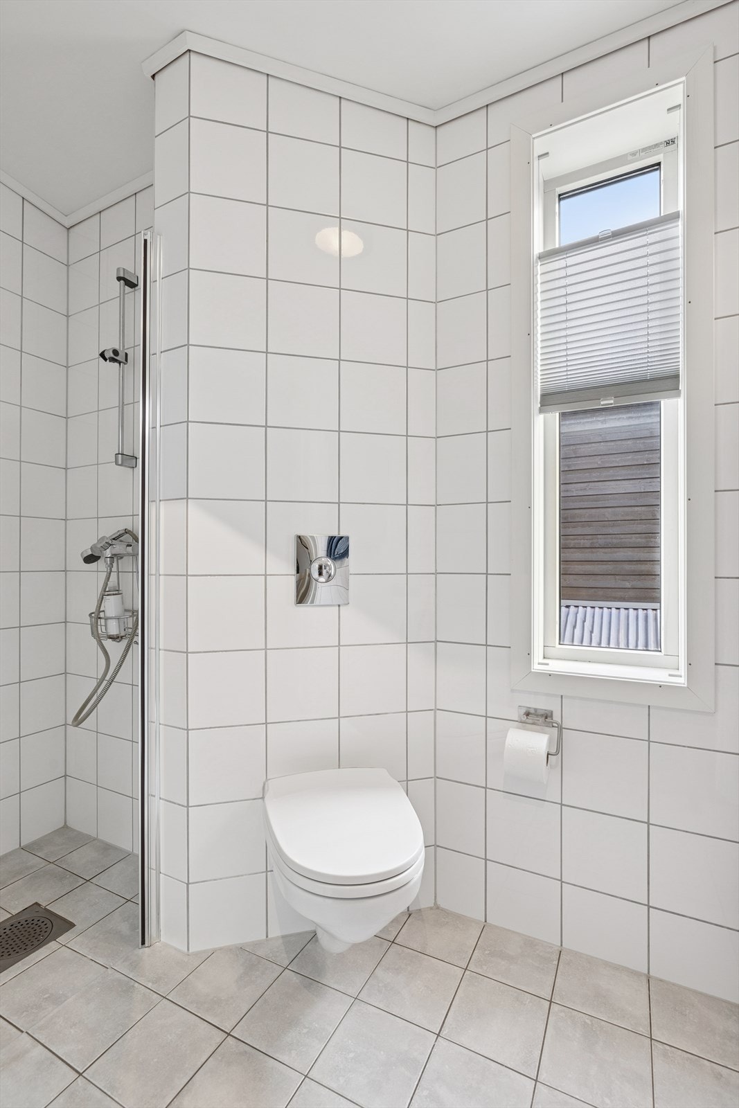 Badet er utstyrt med dusjhjørne og vegghengt wc. Galleribilde