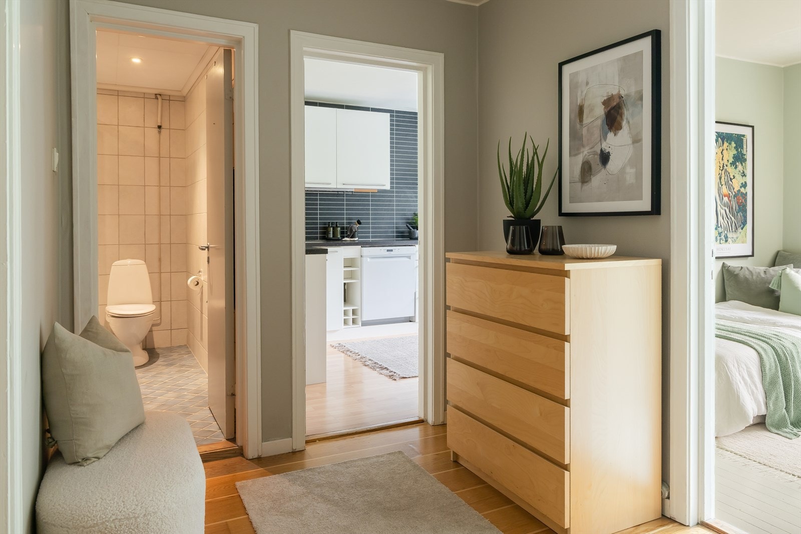 Leilighetens entré er på 6,5 m². I tillegg disponerer leiligheten to boder i kjelleren og én på loftet for ekstra oppbevaring. Galleribilde