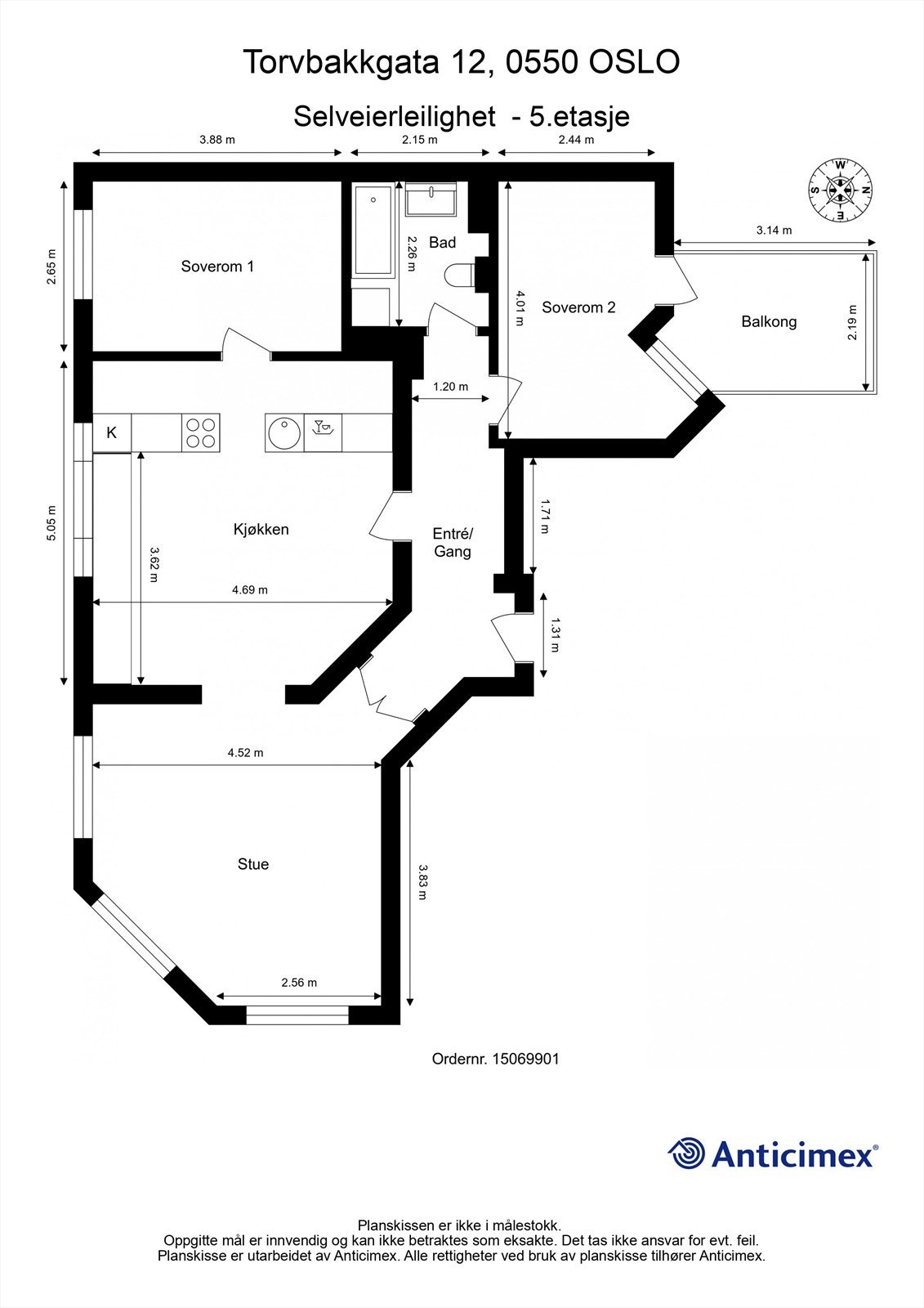 Boligen inneholder entré, stue, kjøkken, bad, to soverom, balkong og medfølgende boder for oppbevaring. Galleribilde