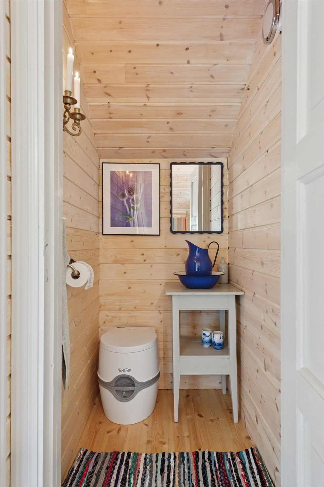 Dorommet har overflater med heltregulv og trepanel. Plass til hyttetoalett. Galleribilde