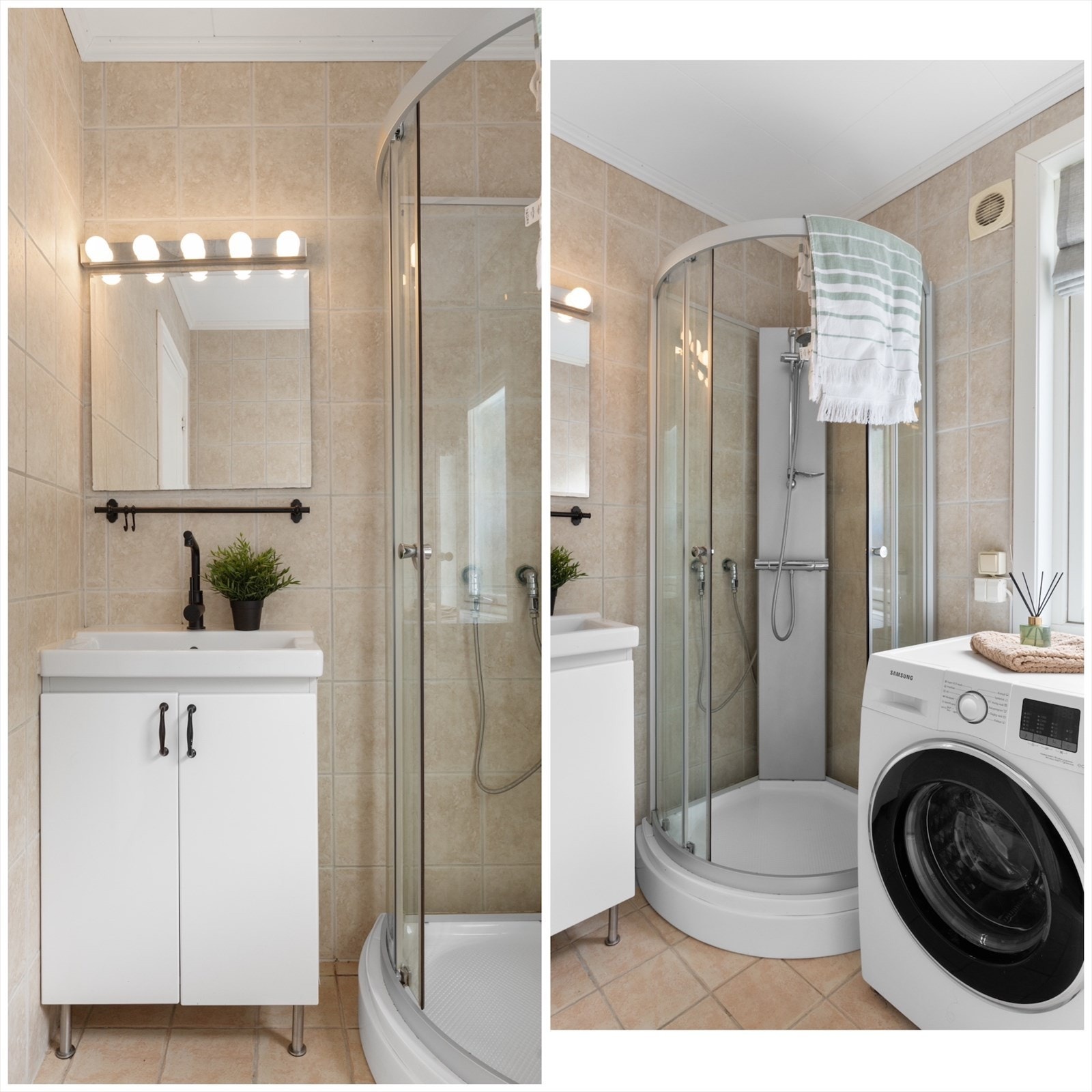 - Utstyrt med gulvstående servantinnredning, speil med overlys, dusjkabinett, gulvstående toalett og opplegg for vaskemaskin - Galleribilde