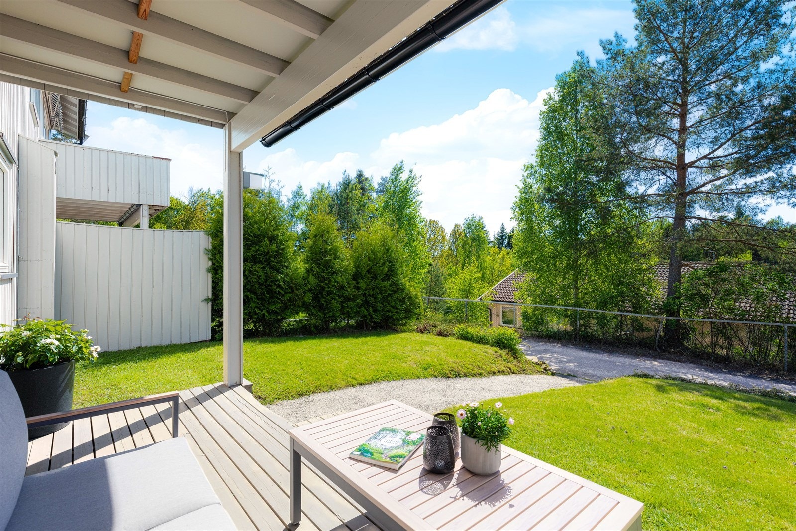 Utearealene rundt boligen er en del av felles arealene i borettslaget, men disponeres av denne boligen. Galleribilde