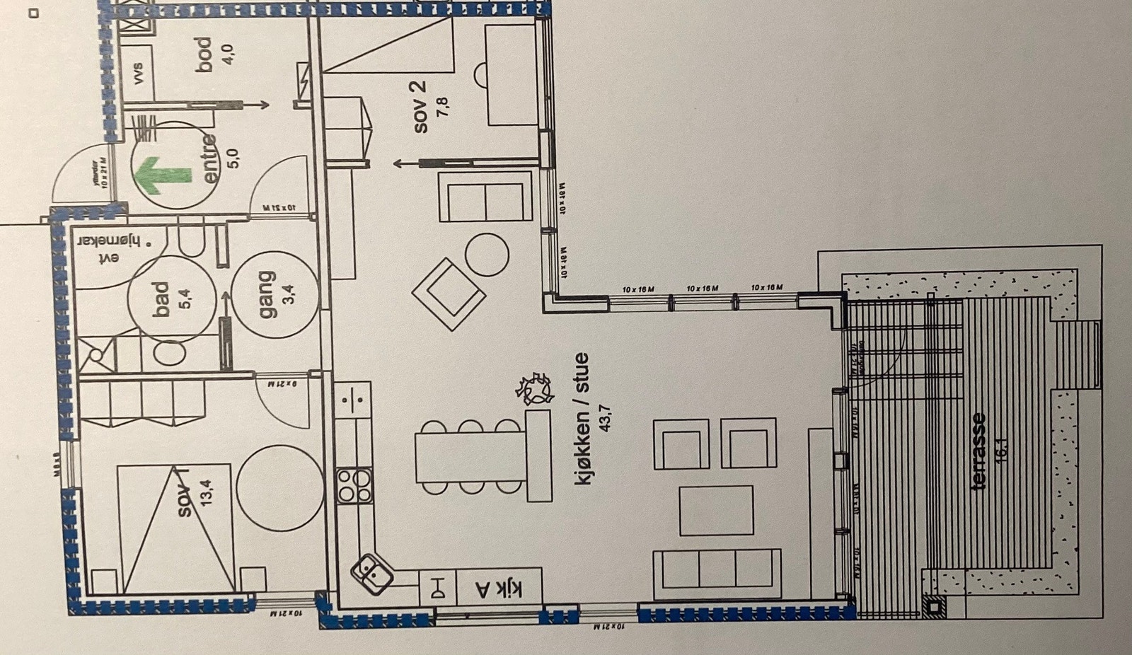 Opprinnelig byggetegning, viser at spisestue enkelt kan gjøres om til et ekstra soverom. Galleribilde