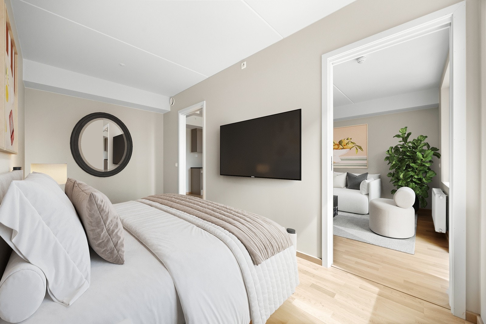 Romslig soverom med god plass til dobbeltseng og garderobeløsning (digital stylet). Galleribilde