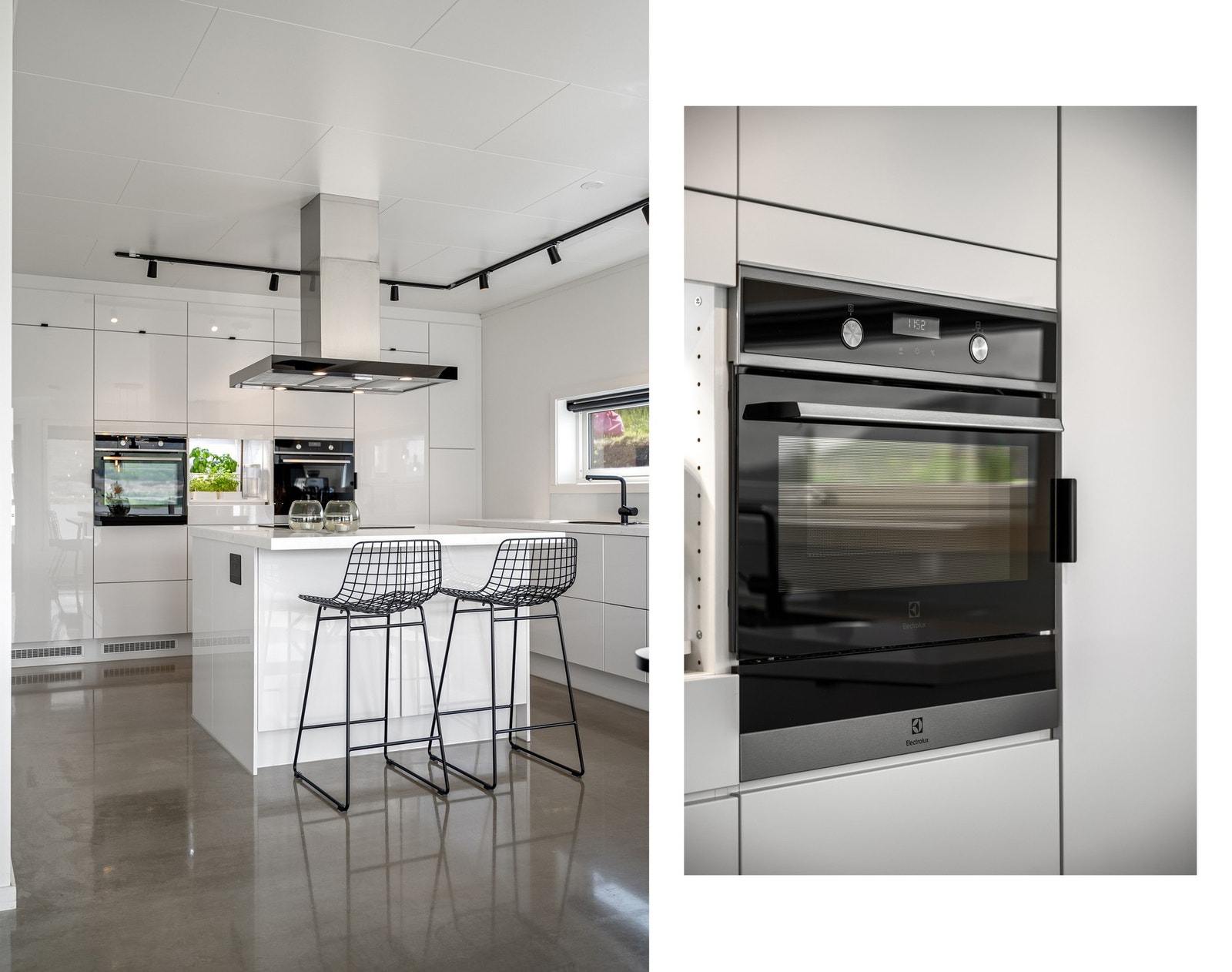 Integrerte hvitevarer består av Electrolux kjøleskap, et fryseskap, oppvaskmaskin, induksjonstopp, stekeovn, kombiovn med micro/stekeovn og varmeskuff Galleribilde