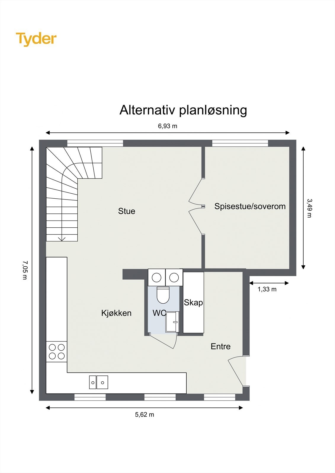 Alternativ planskisse av hovedetasjen med et ekstra soverom eller spisestue med doble fløydører Galleribilde
