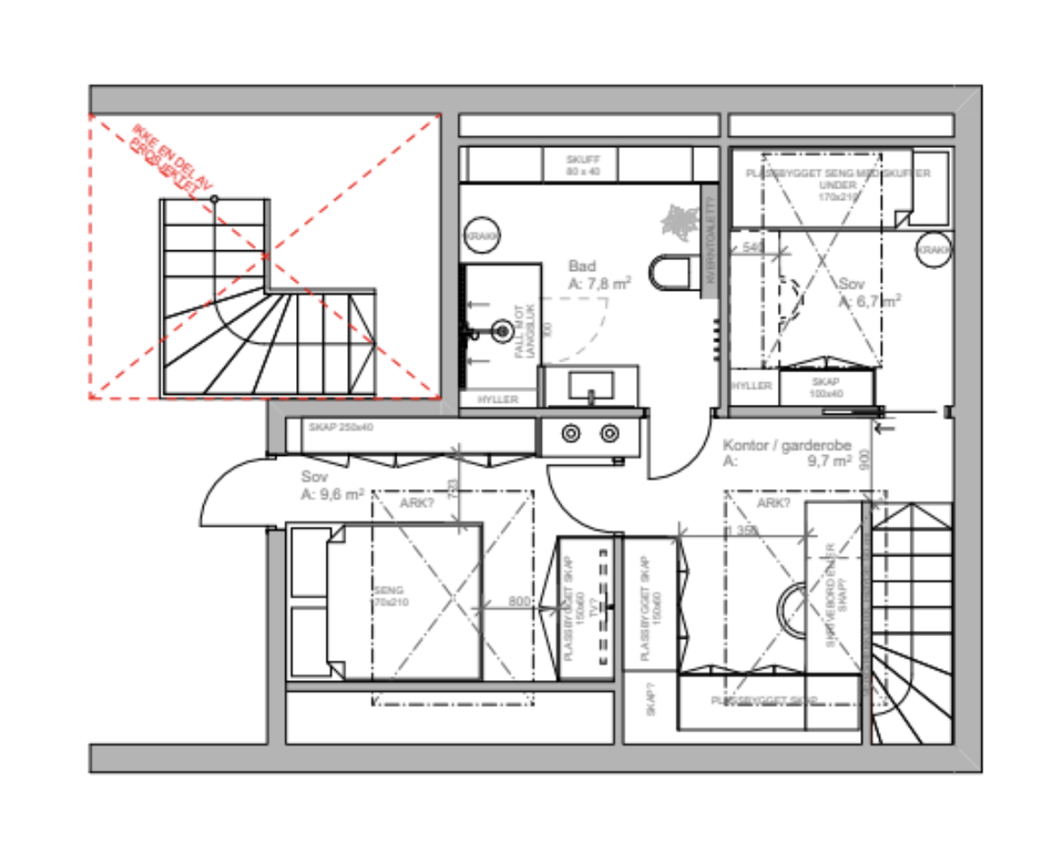 Mulighetsstudie av utvikling av innredet loft + råloft. Det gjøre oppmerksom på at denne løsningen må søkes om, både til borettslaget og PBE Galleribilde