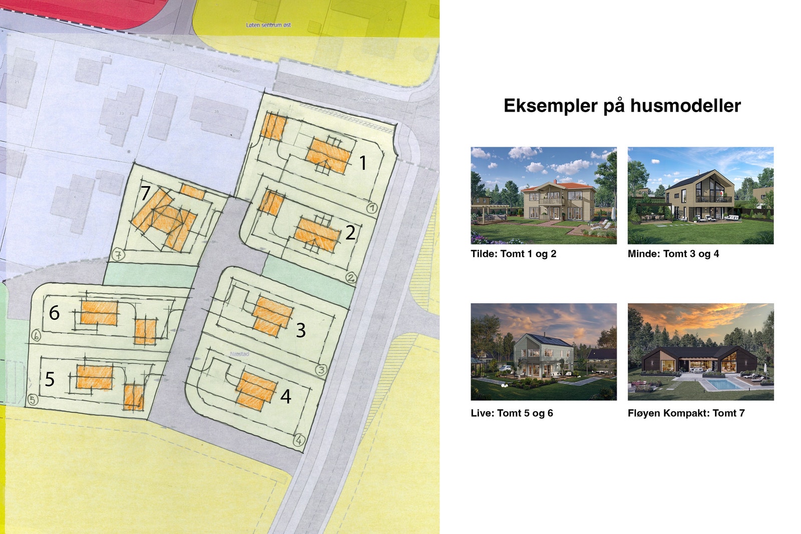 Eksempler på husmodeller som passer på tomtene. Galleribilde