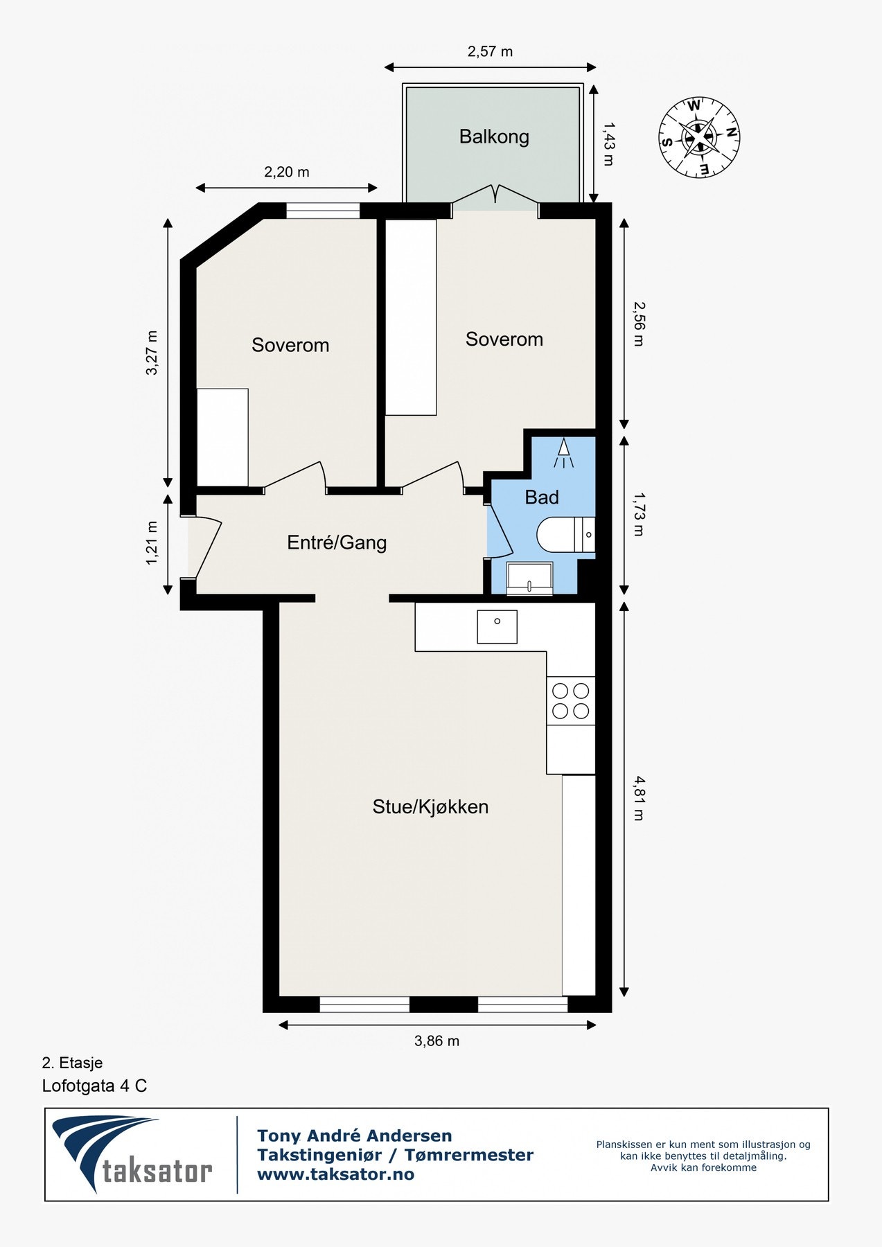 Målsatt plantegning av leiligheten. I tillegg disponerer den en kjellerbod på 4 kvm. Galleribilde