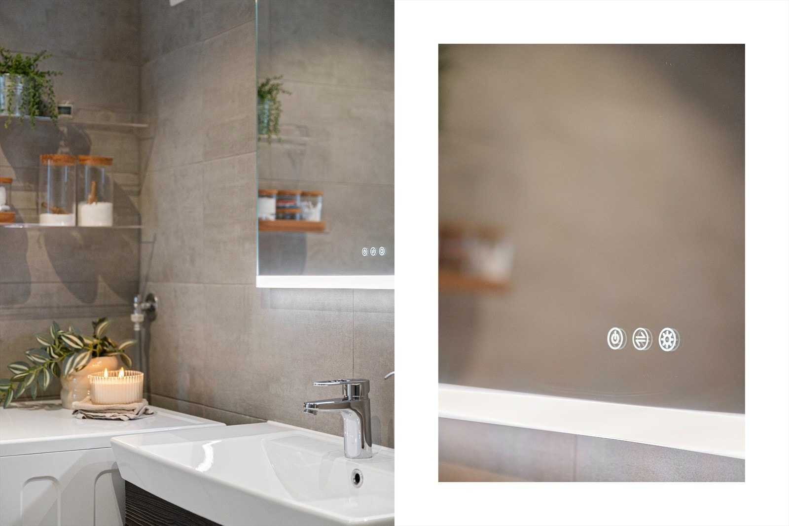 - Badet inneholder vegghengt toalett, benkeskap med servant, dusjdører i glass og opplegg for vaskemaskin. Merk integrert LED touch i speil - Galleribilde
