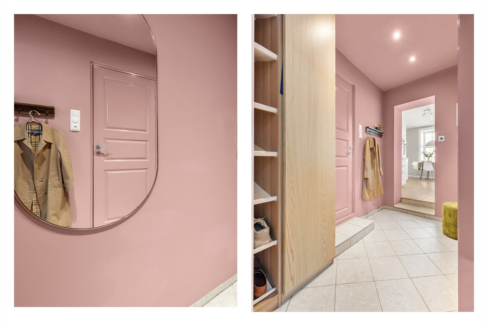 Rommet er malt i en sprek og gøyal rosa-farge, som setter et personlig og stilfullt preg på leiligheten, i kontrast til det ellers nøytrale fargepalettet. Galleribilde