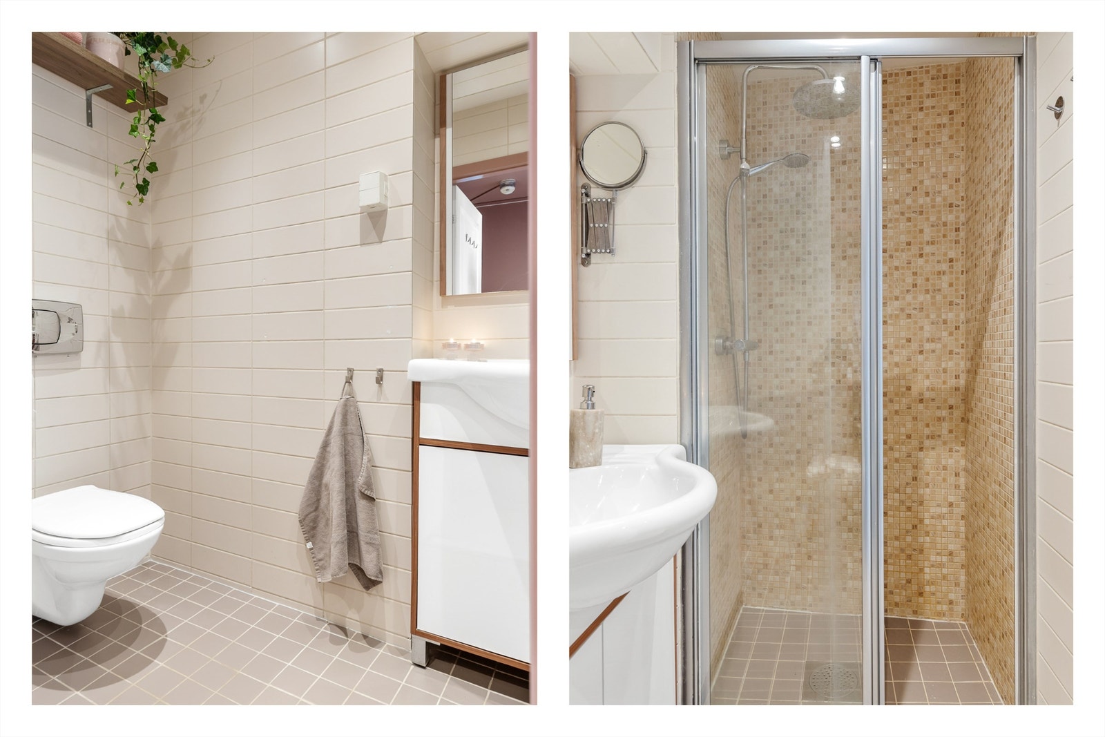 Badet er innredet med vegghengt klosett, servant med innredning, speil og dusjhjørne med skyvbar glassdør. Galleribilde