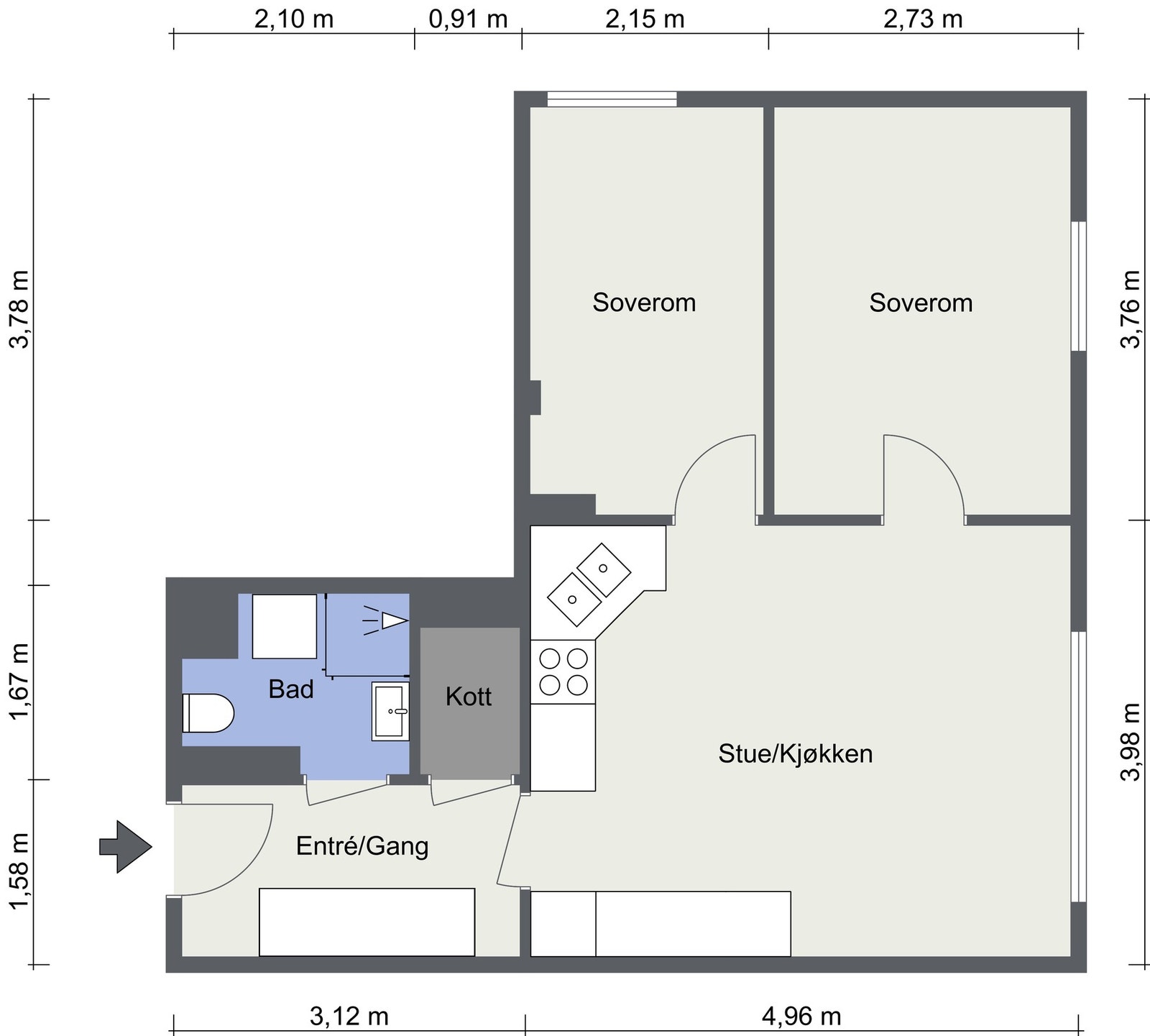 Alternativ plantegning som 3-roms. Galleribilde