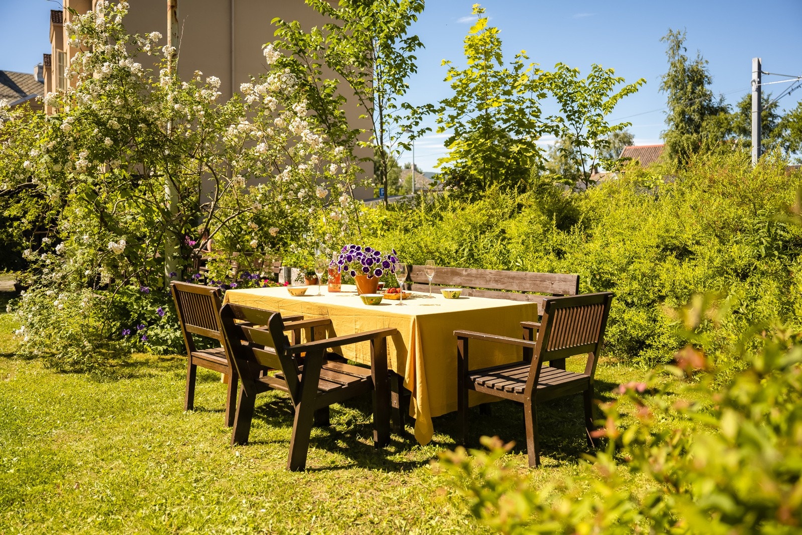 Pent opparbeidet bakgård med sittegrupper og grillmuligheter. Galleribilde