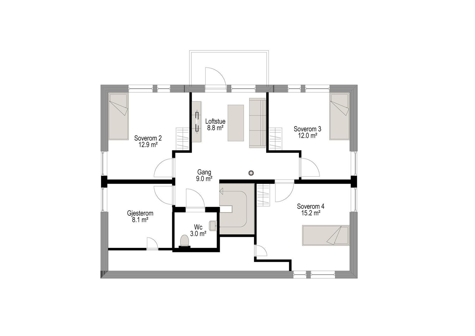 Plantegning loftetasje - Loftetasjen selges uinredet. Plantegningen viser hvordan etasjen er godkjent. Galleribilde