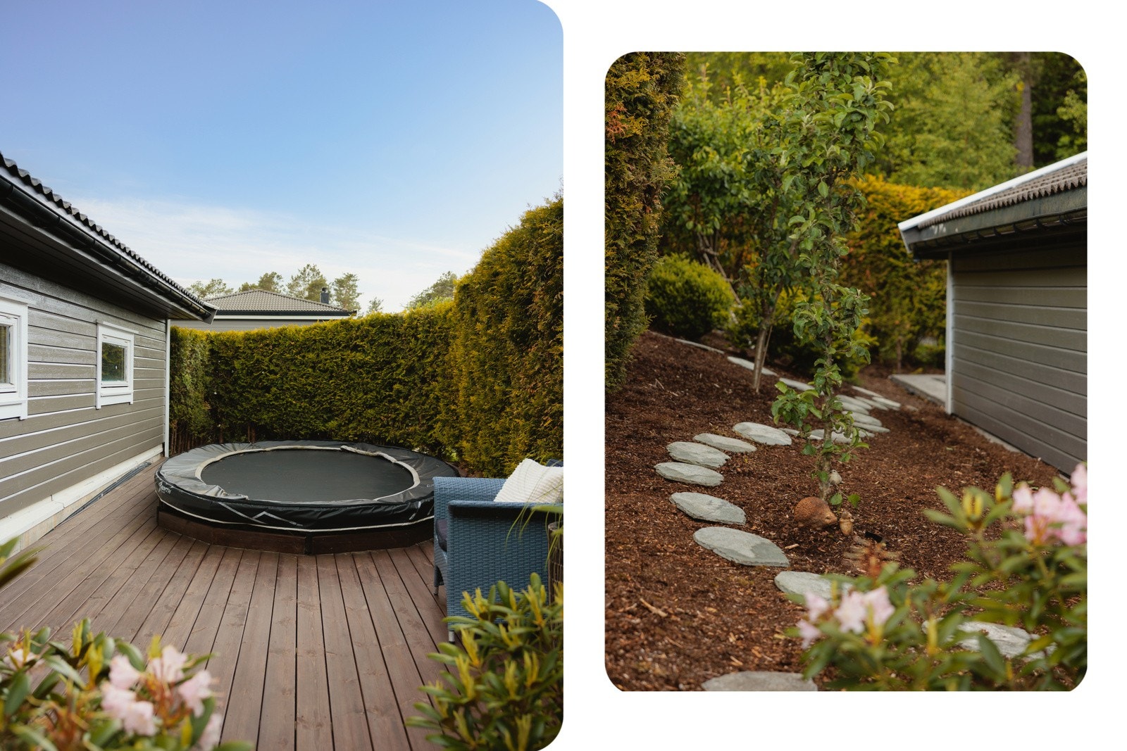 På siden av garasjen er det også flott anlagt platå med innrammet trampoline for de små. Galleribilde