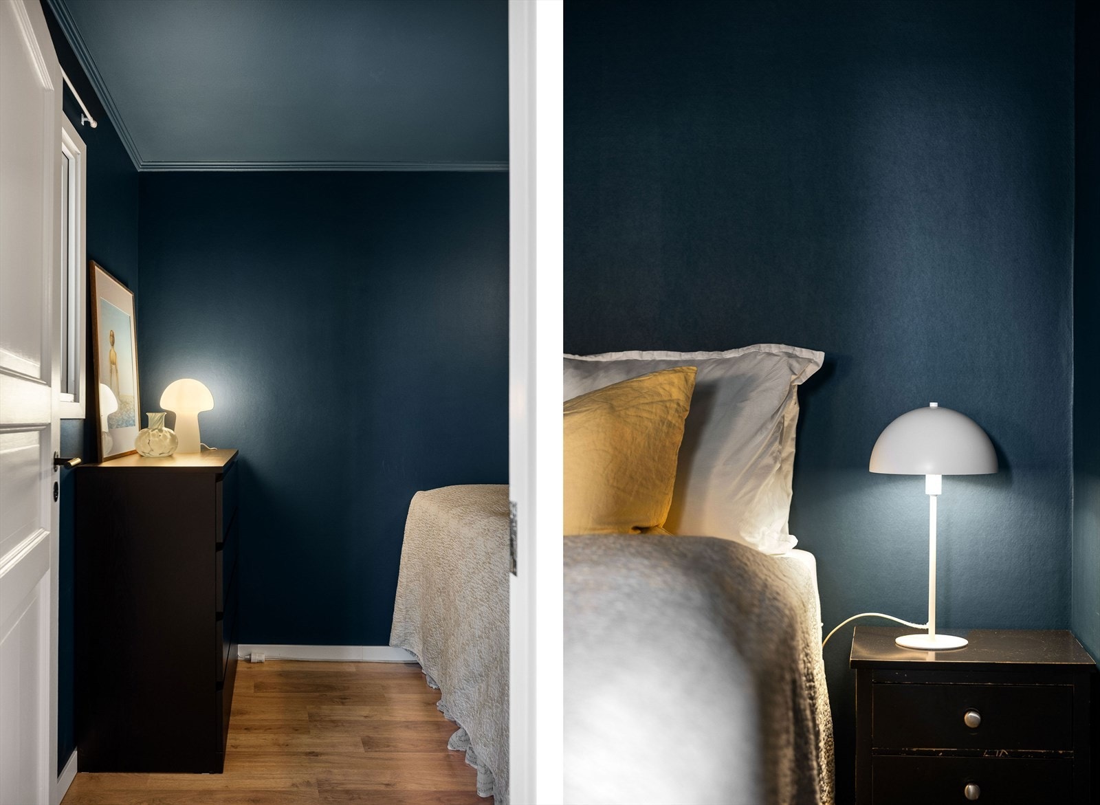 Soverommet er malt i fargene Vips og Industrial Blue, som har dype og klare blå toner. Galleribilde