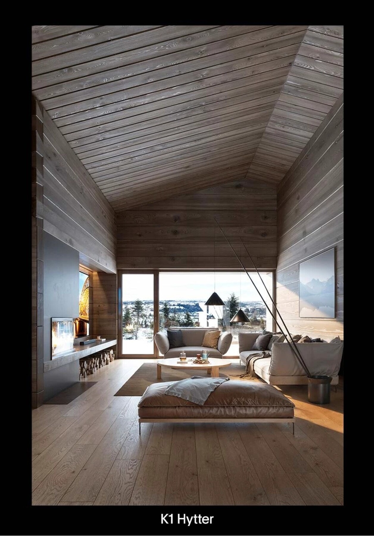 Stuen i prosjektet har god plass og en lun peis - alt med nydelig utsikt som bakteppe. Galleribilde