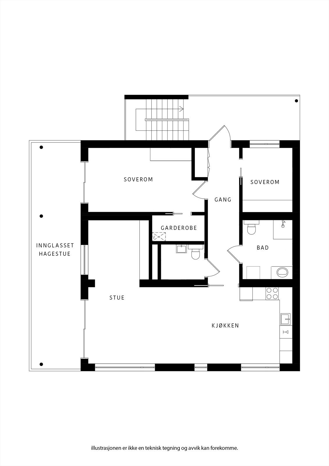 Moderne leilighet med to soverom, åpen stue/kjøkken-løsning, innglasset hagestue og praktisk garderobe. Perfekt for komfortabel bylivsstil. Galleribilde