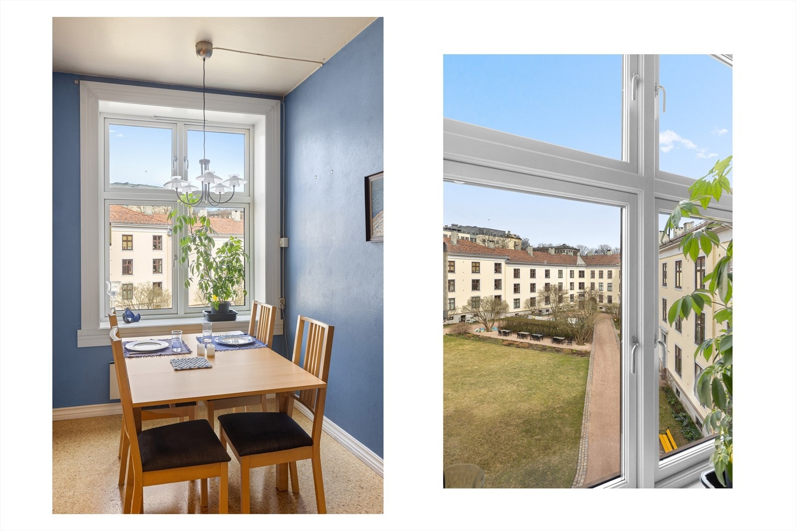 Rommet vender ut mot et nydelig og frodig gårdsrom, og her er det plass til et større spisebord - perfekt for måltider med utsyn mot det grønne. Galleribilde