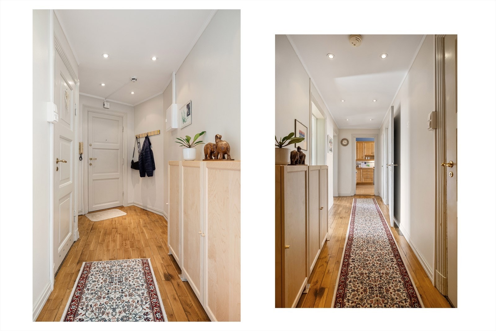 Romslig og langstrakt entré med god plass til både garderobeskap og oppheng av yttertøy. Entréen fungerer som et naturlig midtpunkt i boligen og gir adkomst til alle oppholdsrom. Praktisk bod på ca. 1 kvm gir ekstra lagringsplass. Galleribilde