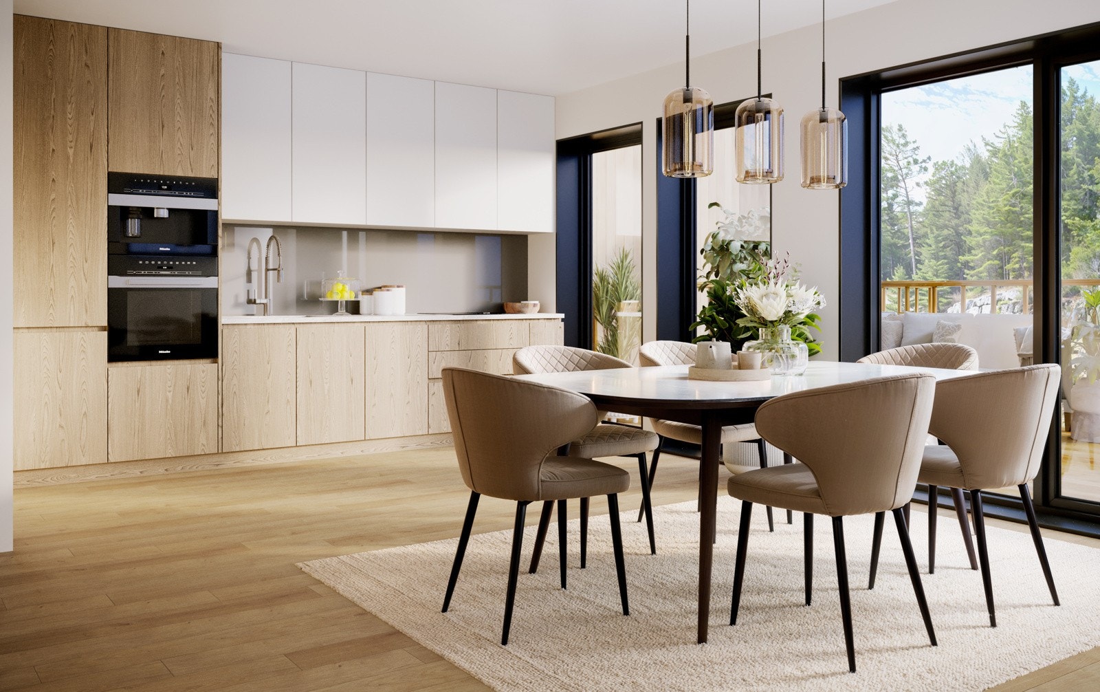 KJØKKEN / STUE I 2. ETASJE - 3D-bildet viser en illustrasjon av boligens interiør. Avvik fra illustrasjonen til faktisk leveranse vil forekomme. Det er leveransebeskrivelsen som til enhver tid er gjeldende for boligens leveranse." Galleribilde